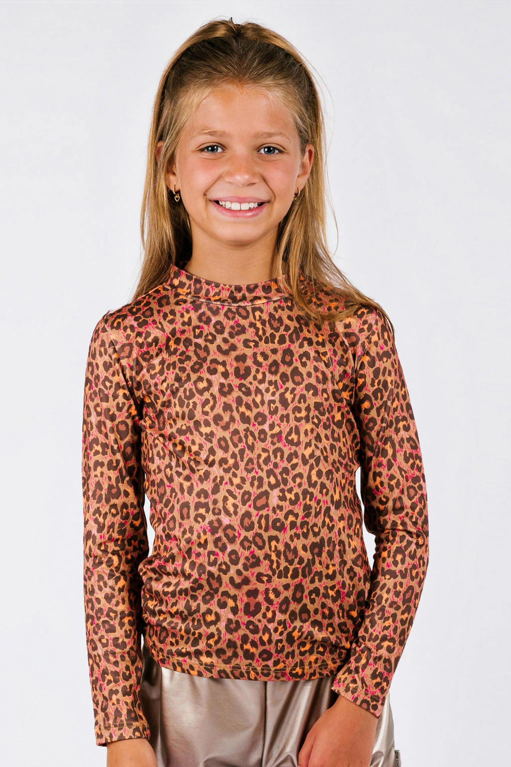 Bruine meisjes B.Nosy longsleeve van polyester met dierenprint, lange mouwen en opstaande kraag