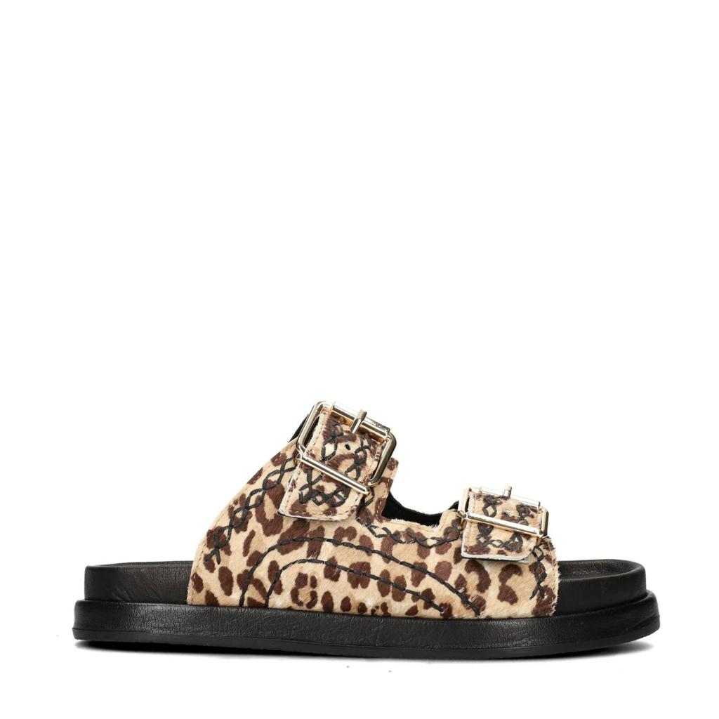 Beige en bruine dames Haboob Elysee suède slippers met gesp en panterprint