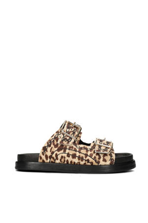 Elysee  suède slippers met panterprint beige/bruin