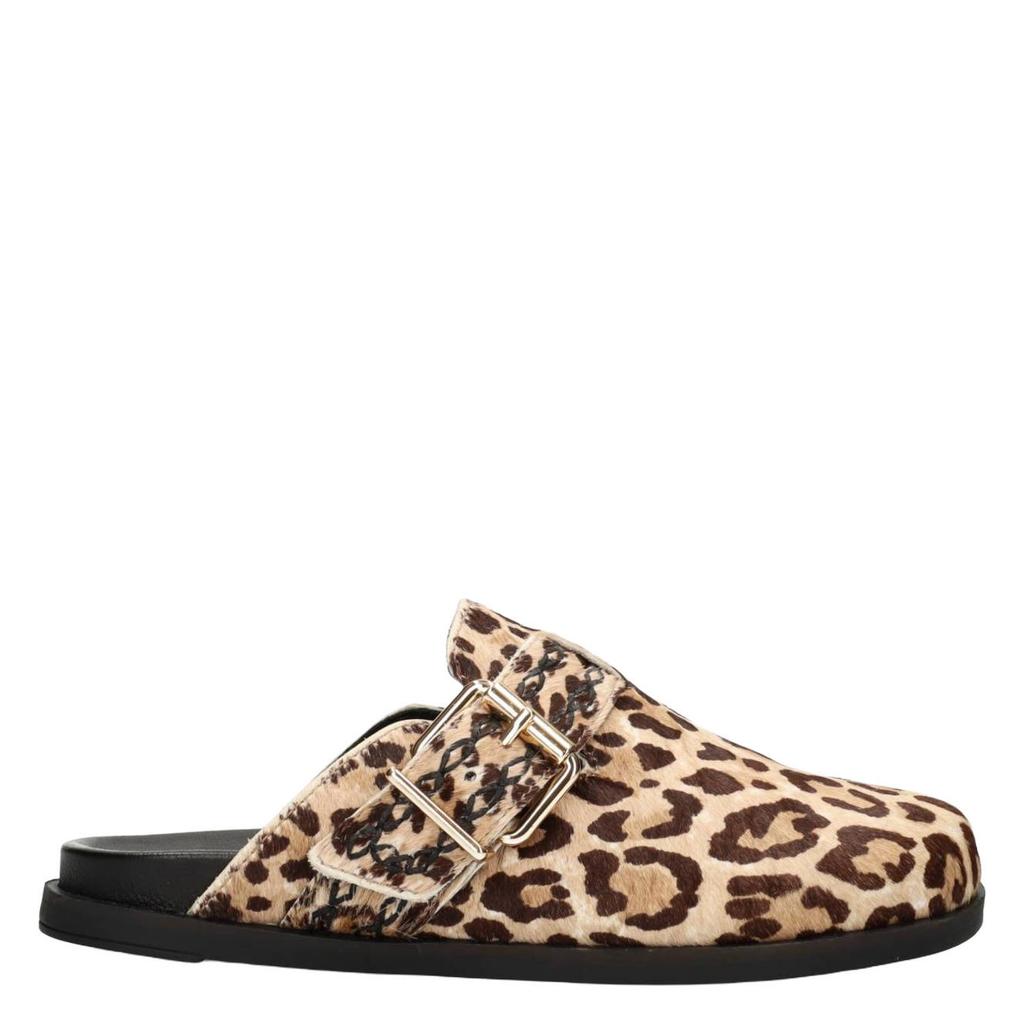 Beige en bruine dames Haboob Amelie suède clogs met panterprint