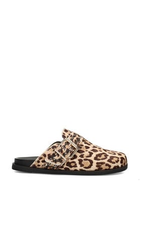 Amelie suède clogs met panterprint beige/bruin
