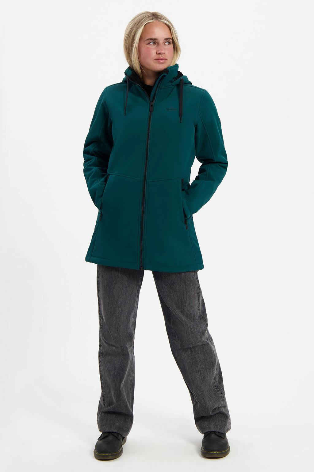 Groene dames Kjelvik softshell jas Maren van polyester met effen, lange mouwen, capuchon en 2-way rits