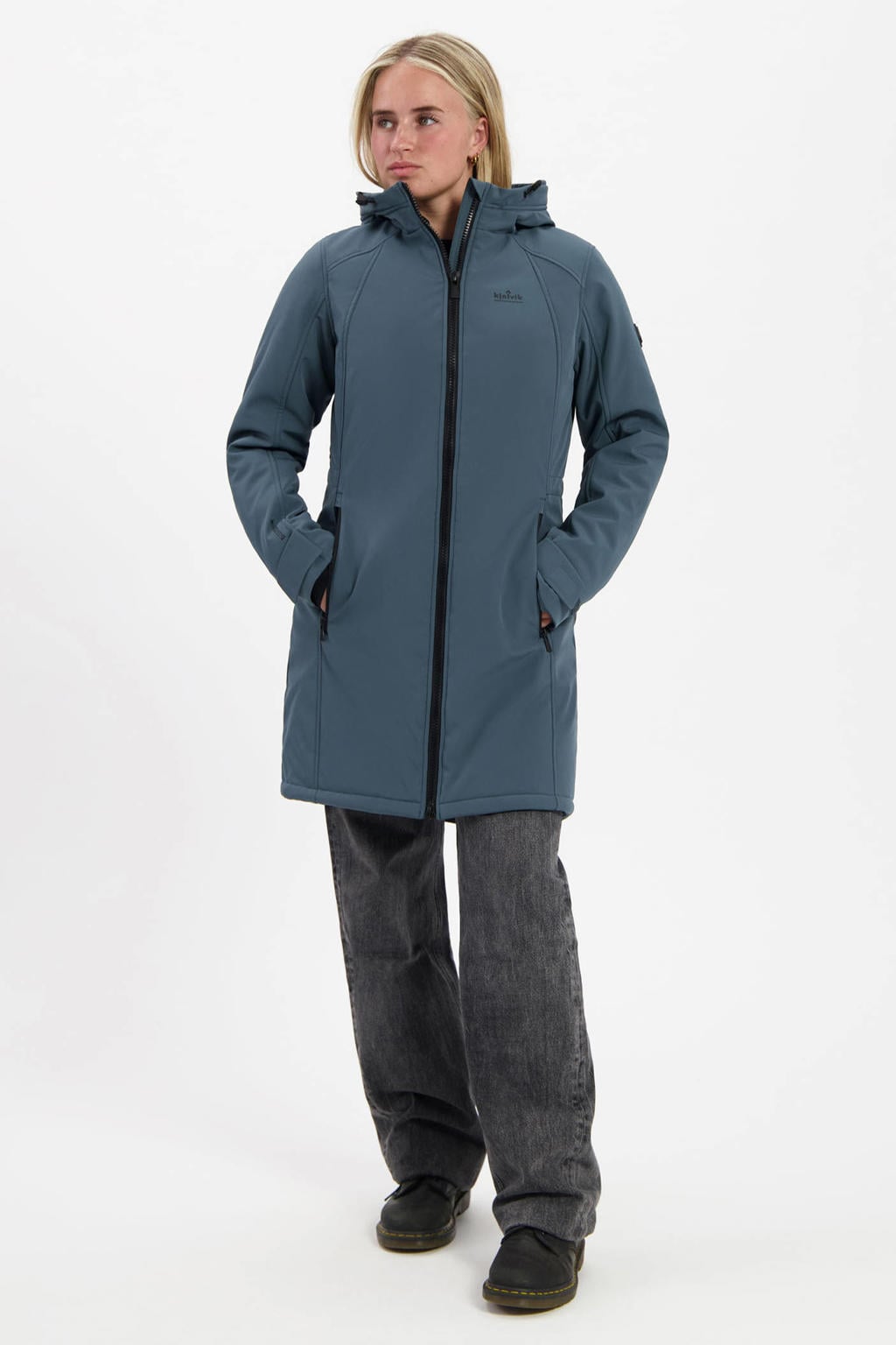 Blauwe dames Kjelvik softshell jas Emy van polyester met effen, lange mouwen, capuchon en 2-way rits