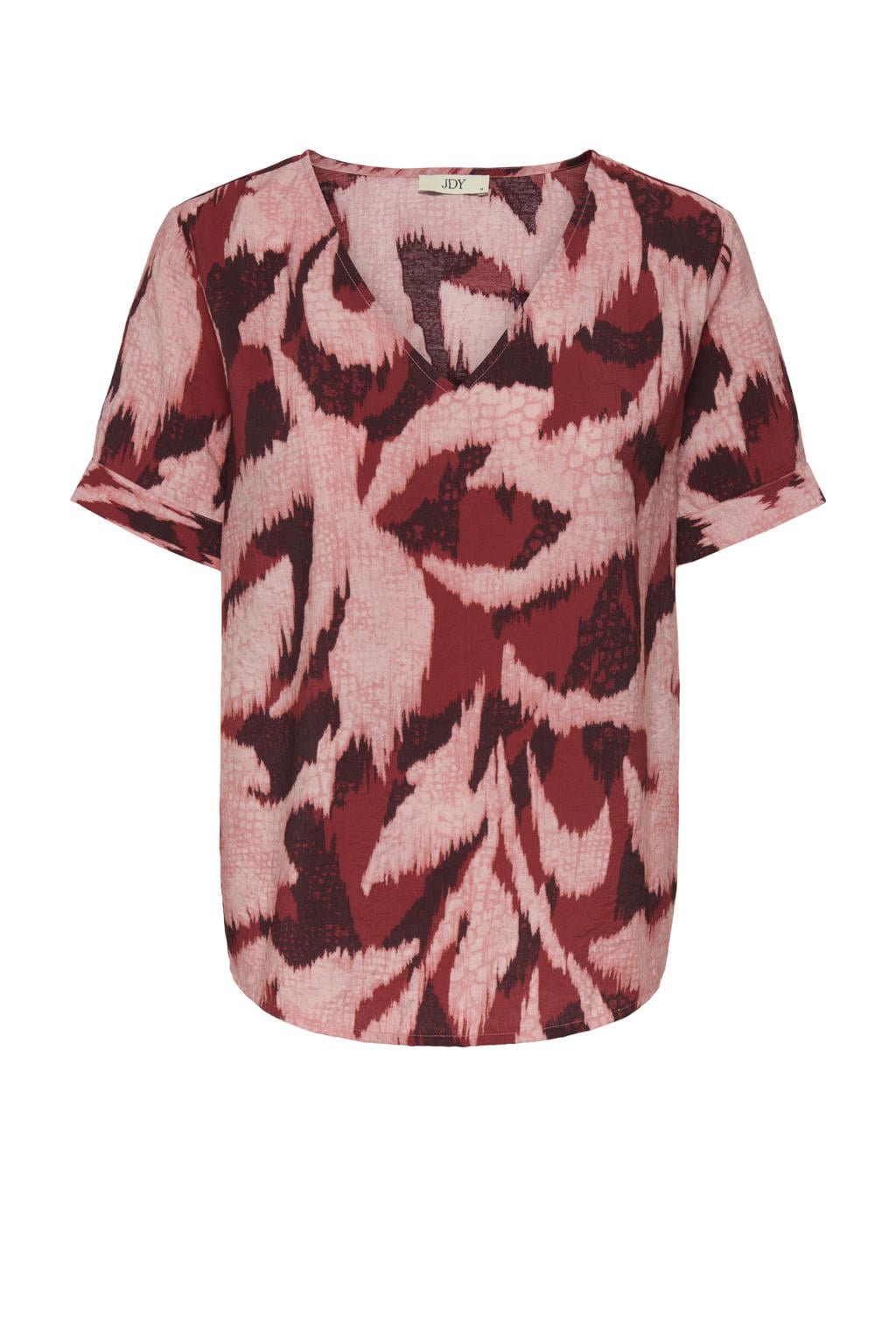 Donkerrode dames JDY top van viscose met effen, korte mouwen, V-hals en geweven detail