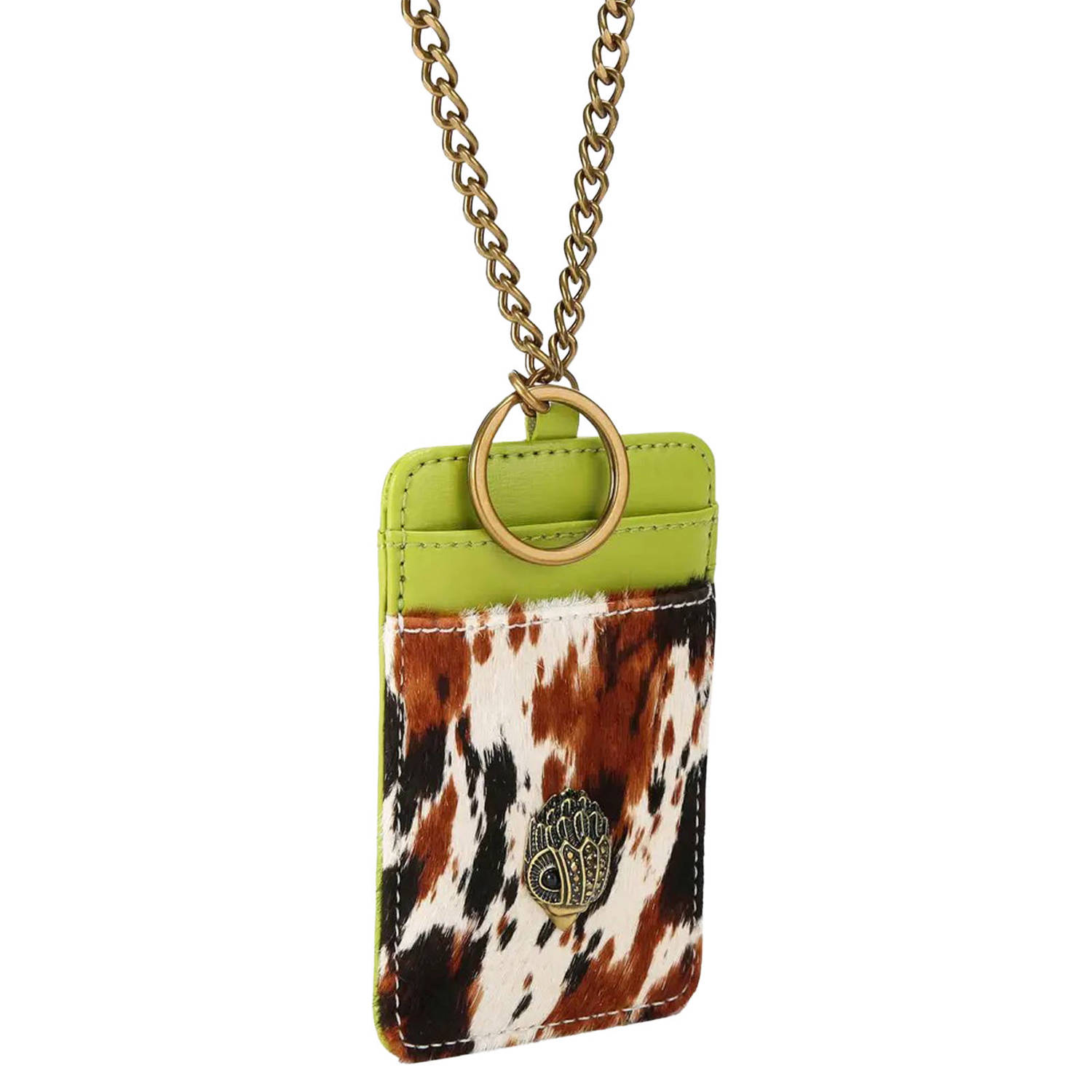 Kurt Geiger leren pasjeshouder met koeienprint bruin limegroen