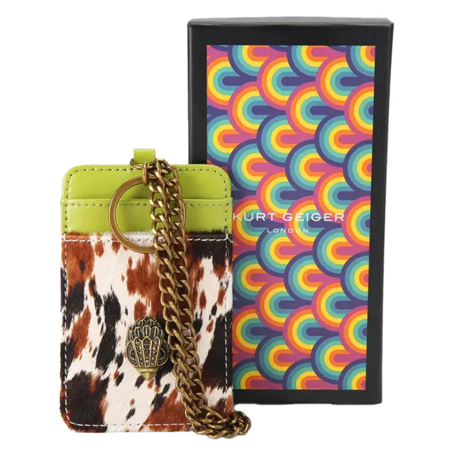 Kurt Geiger leren pasjeshouder met koeienprint bruin limegroen