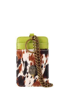leren pasjeshouder met koeienprint bruin/limegroen
