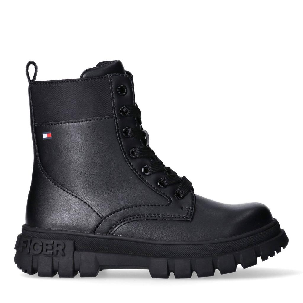 Zwarte meisjes Tommy Hilfiger chunky veterboots van imitatieleer met rits- en vetersluiting
