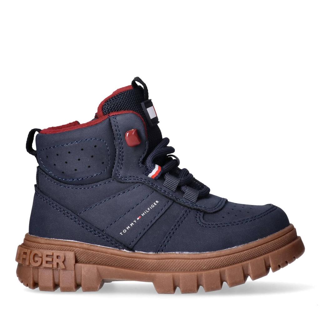 Donkerblauwe jongens Tommy Hilfiger veterboots van imitatieleer met rits- en vetersluiting