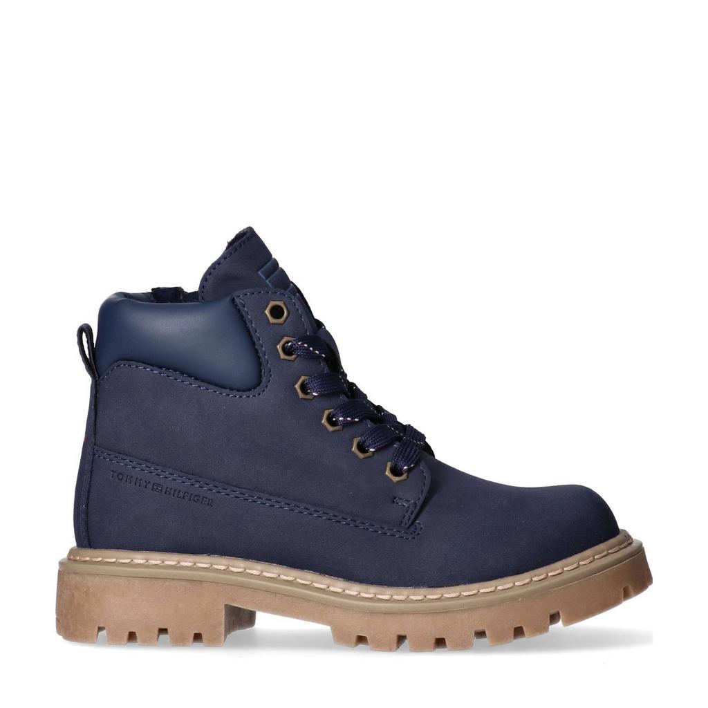 Donkerblauwe jongens Tommy Hilfiger veterboots van imitatieleer met rits- en vetersluiting