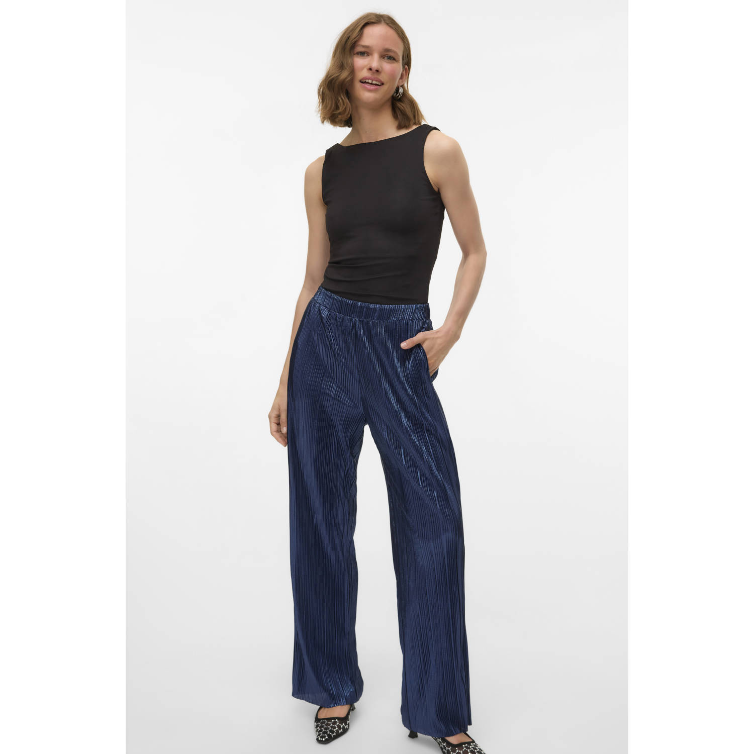 VERO MODA straight regular waist casual broek donkerblauw