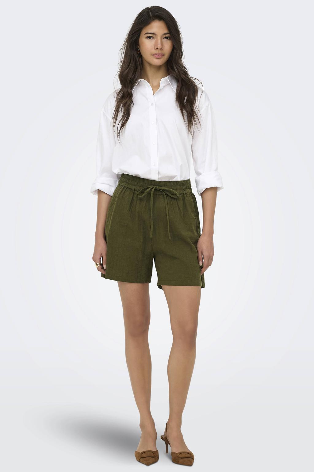 Donkergroene dames ONLY relaxed regular waist casual short van katoen met elastische tailleband met koord en effen