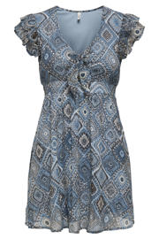 thumbnail: Grijsblauwe dames ONLY zomerjurk blauw van polyester met grafische print, korte mouwen, V-hals, striksluiting en geweven detail