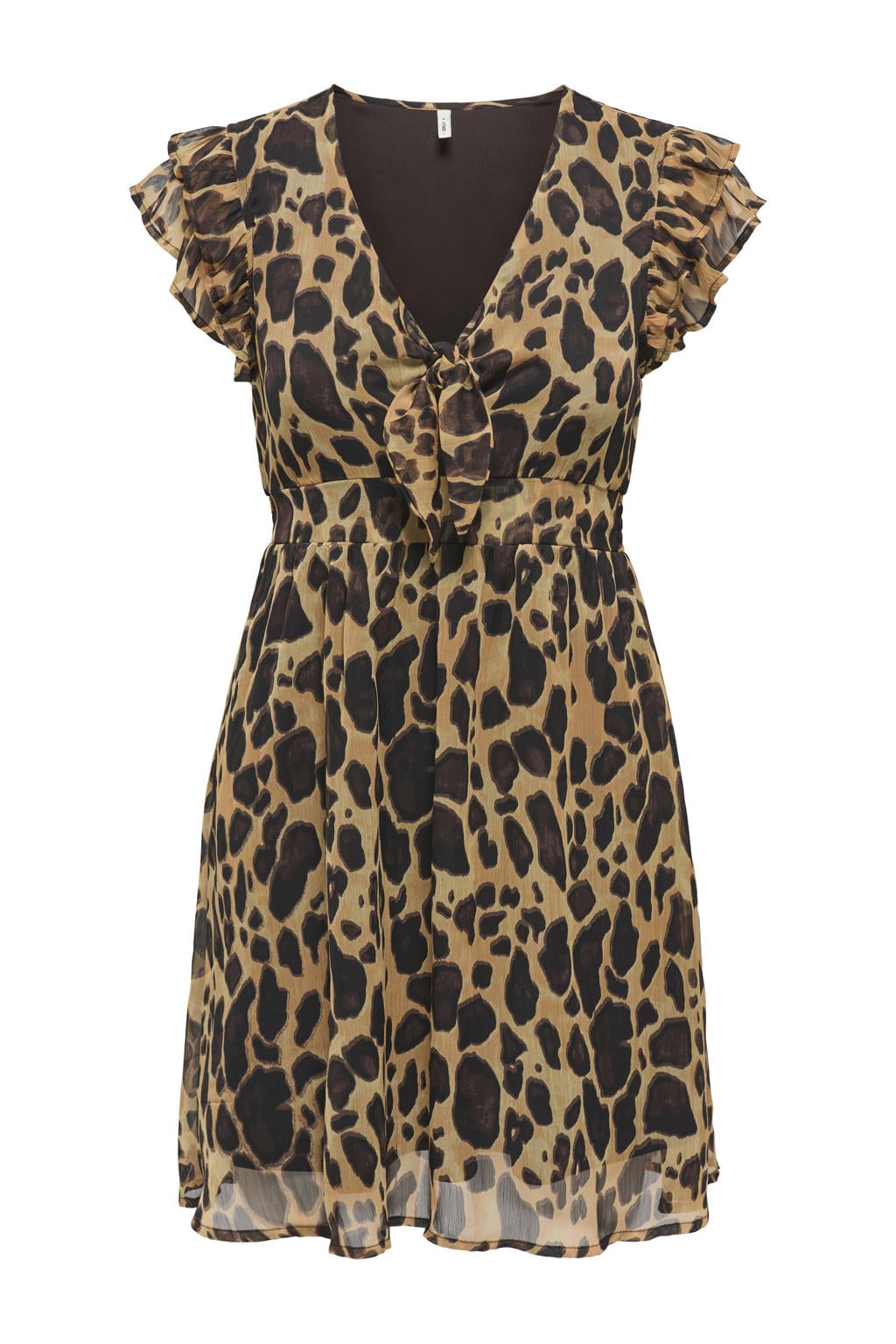 Bruin en zwarte dames ONLY zomerjurk van polyester met grafische print, korte mouwen, V-hals, striksluiting en geweven detail