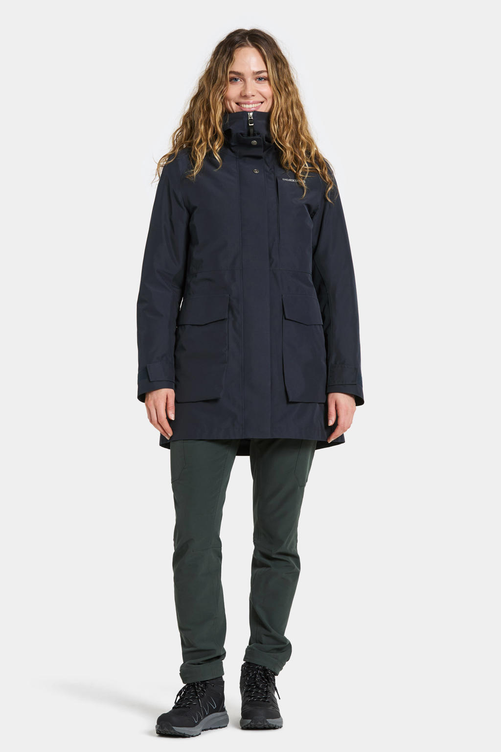 Donkerblauwe dames Didriksons parka Harriet van polyester met lange mouwen, capuchon en ritssluiting