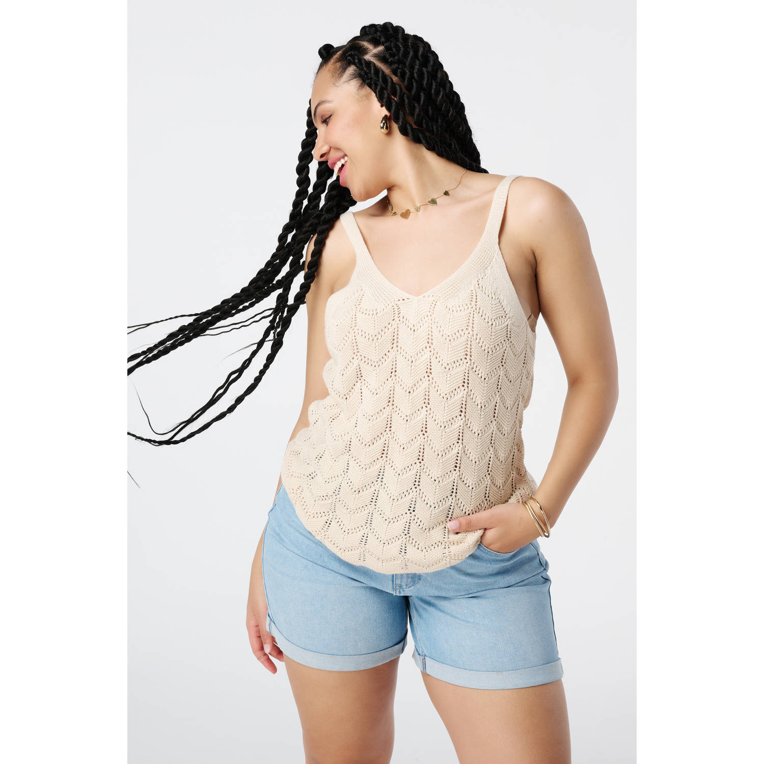 MS Mode mouwloze top crème crochet