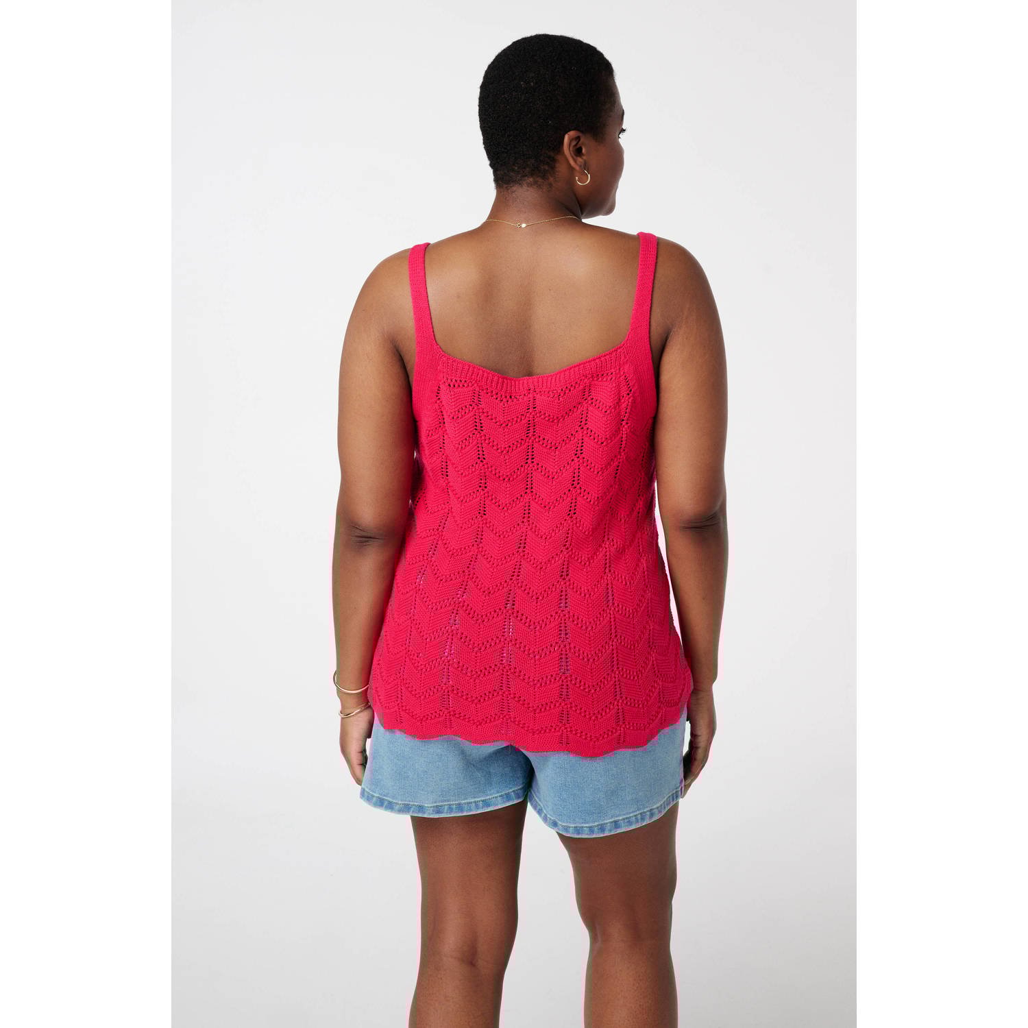 MS Mode mouwloze top fuchsia crochet