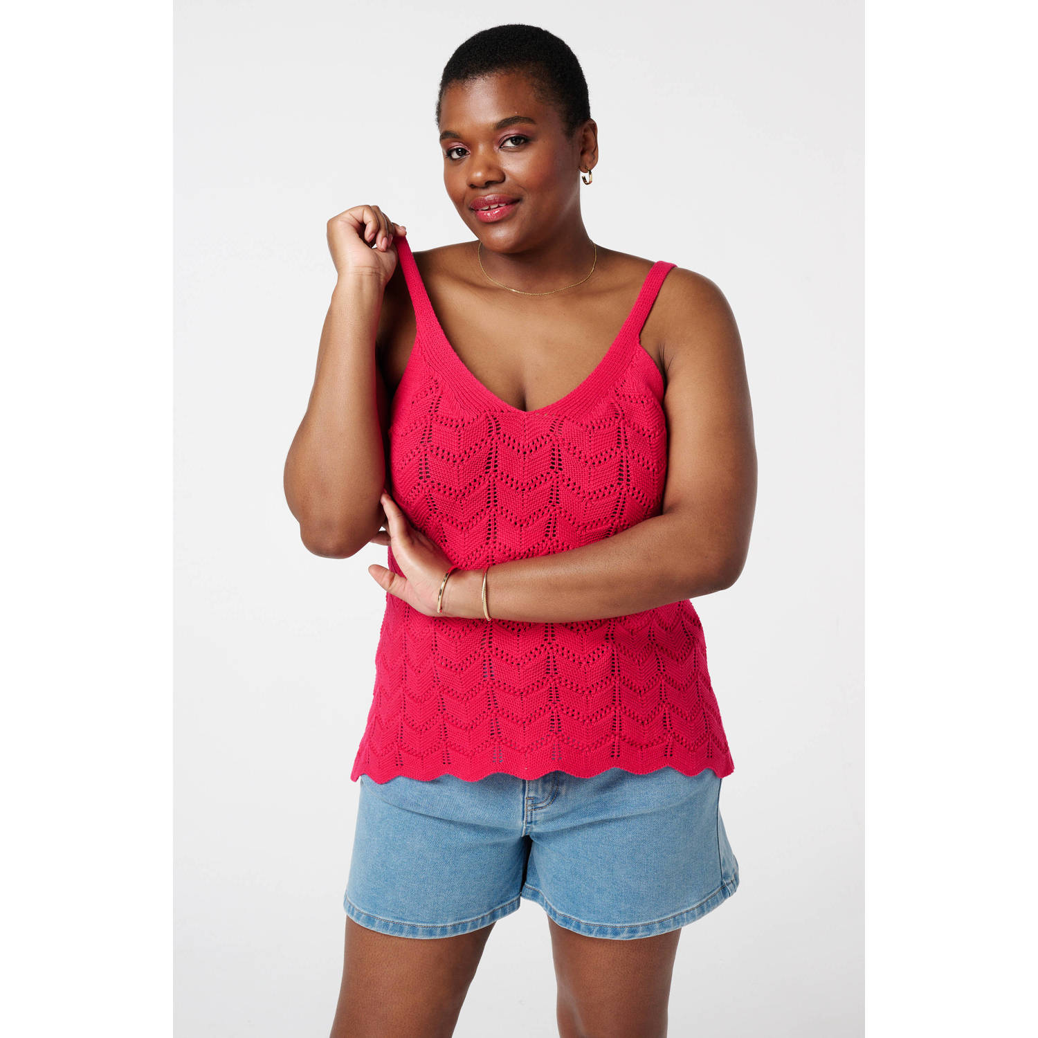 MS Mode mouwloze top fuchsia crochet