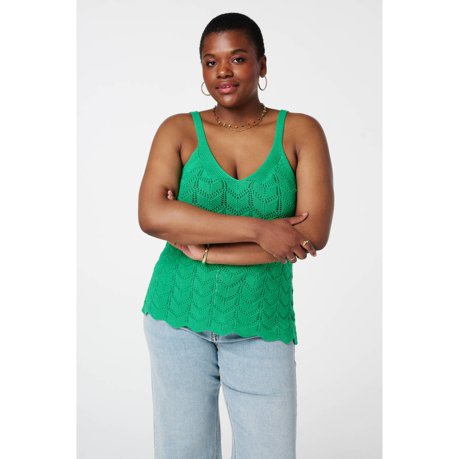 MS Mode mouwloze top groen crochet