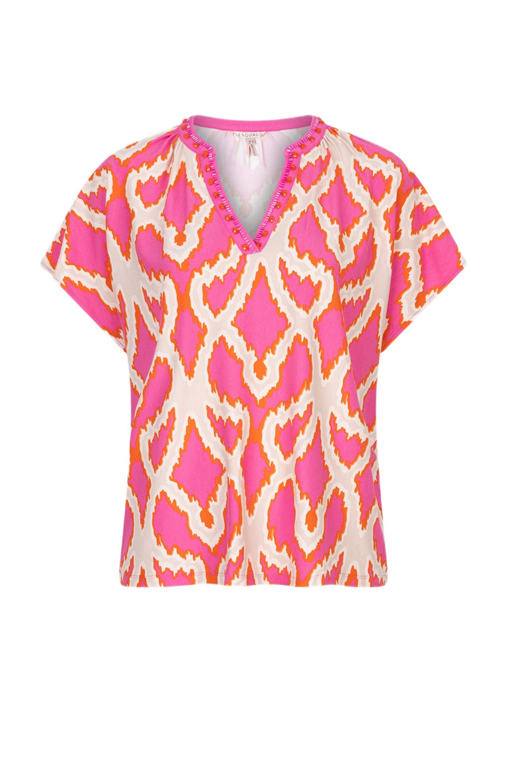 Multikleurige dames Esqualo top van viscose met V-hals en strass steentjes