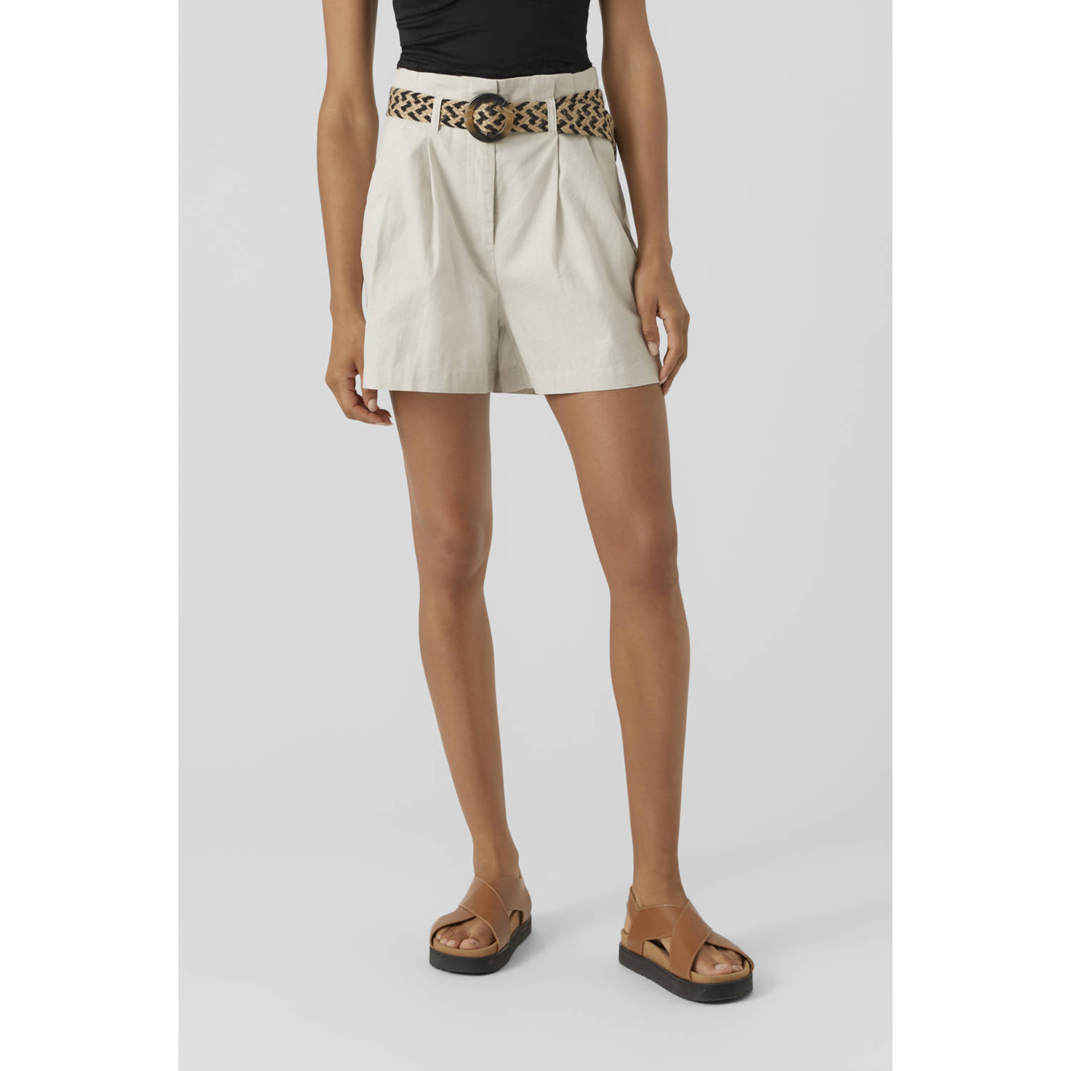 VERO MODA linnen regular high waist casual short lichtgrijs