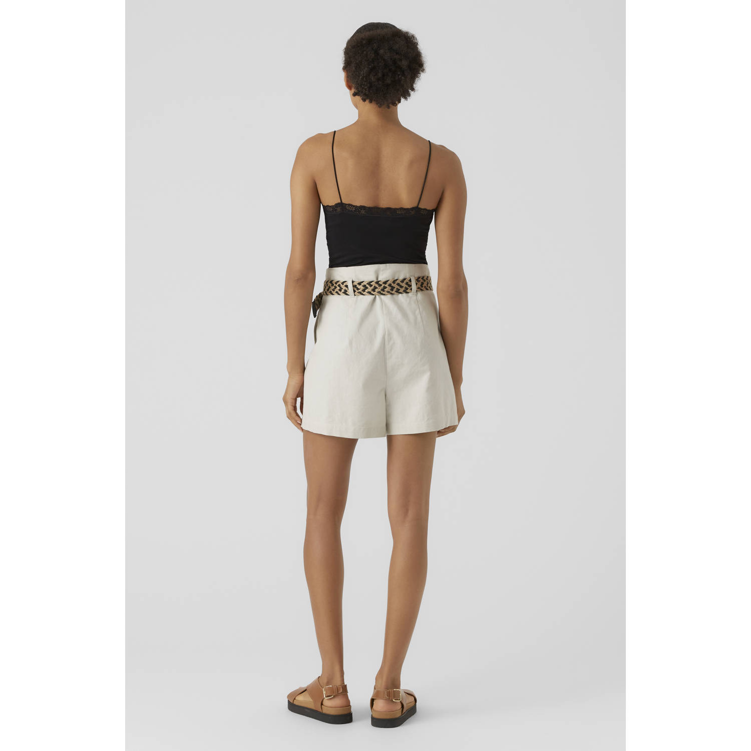 VERO MODA linnen regular high waist casual short lichtgrijs