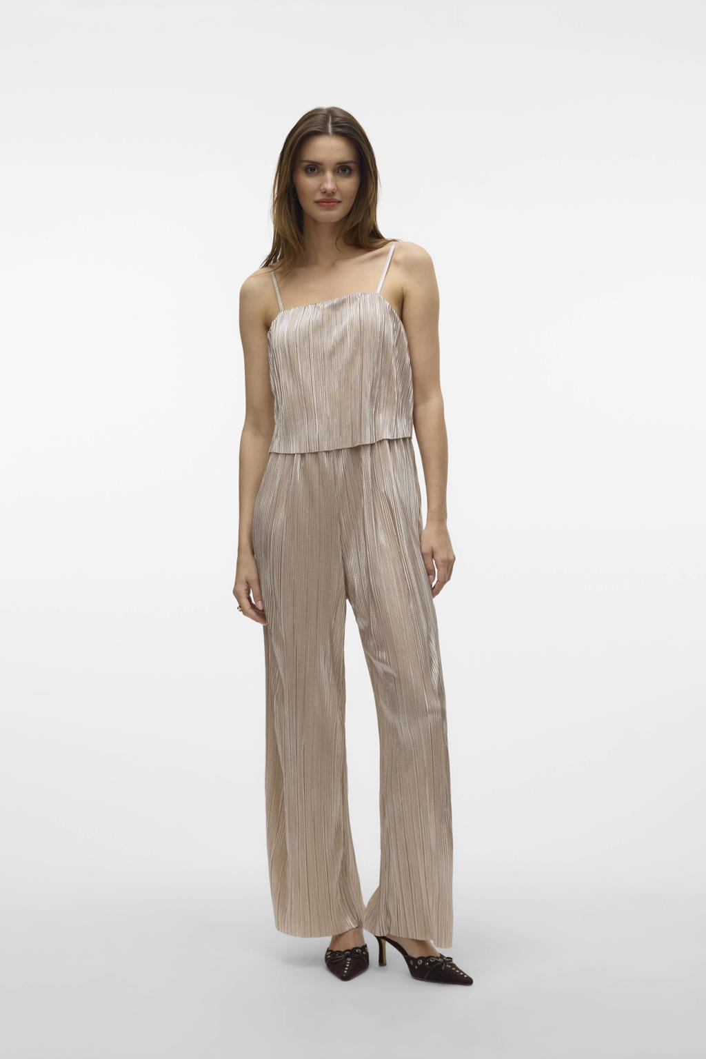 Gouden dames VERO MODA jumpsuit van polyester met effen, vierkante hals en geweven detail