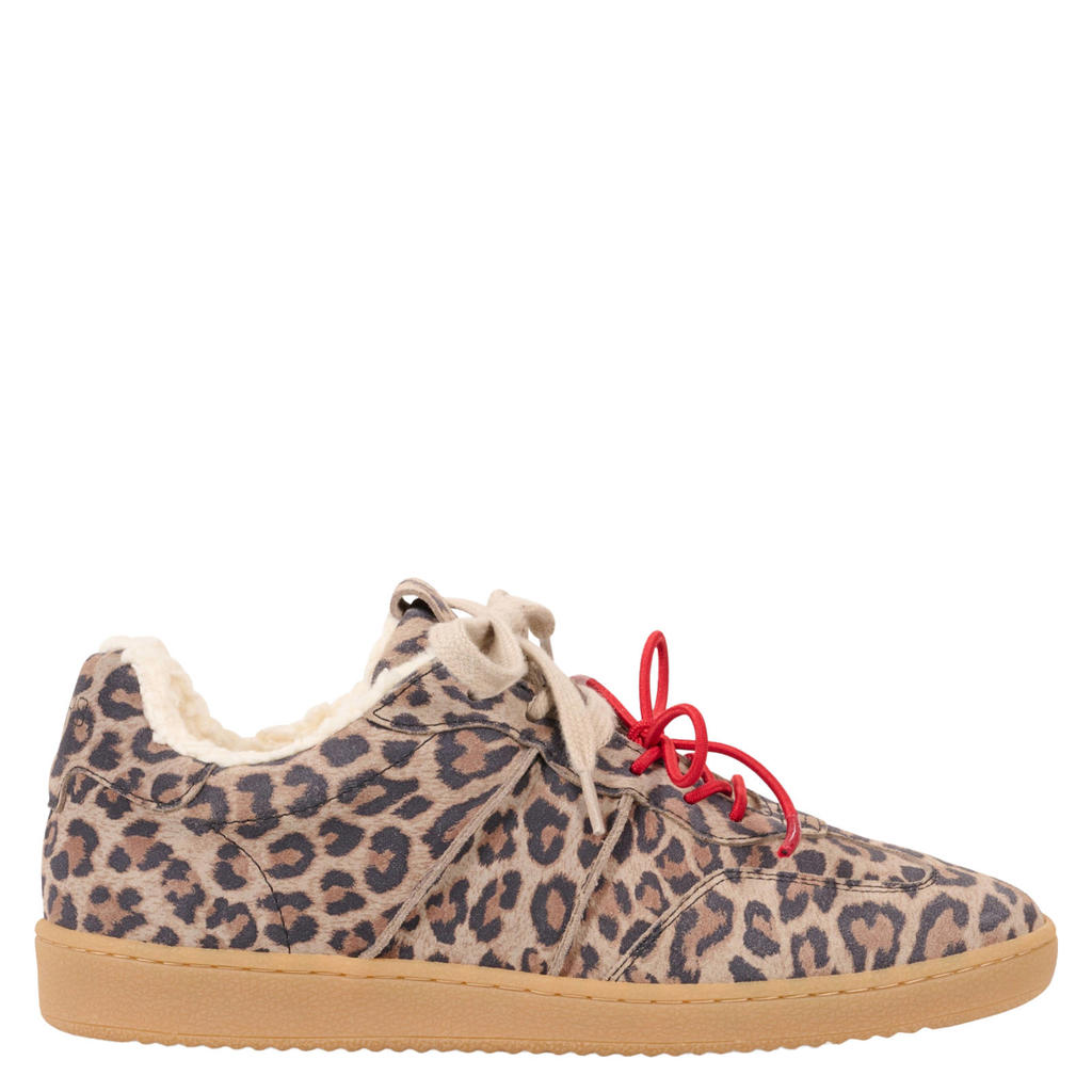 Beige en zwarte dames DWRS CARPI leopard teddy gevoerde suède sneakers met veters en panterprint
