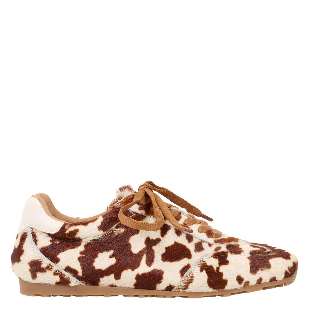 Beige en donkerblauwe dames DWRS Sava leren sneakers met ponyhair en