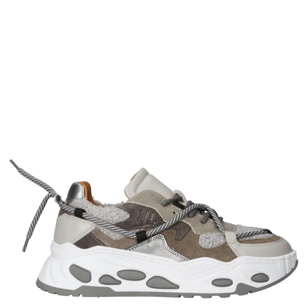Grijze dames DWRS Saturnus teddy chunky suède sneakers met veters