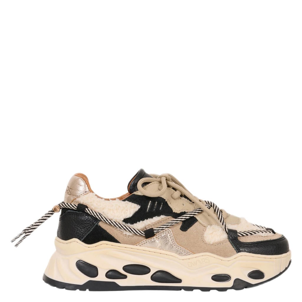 Beige en zwarte dames DWRS Saturnus teddy chunky leren sneakers met veters