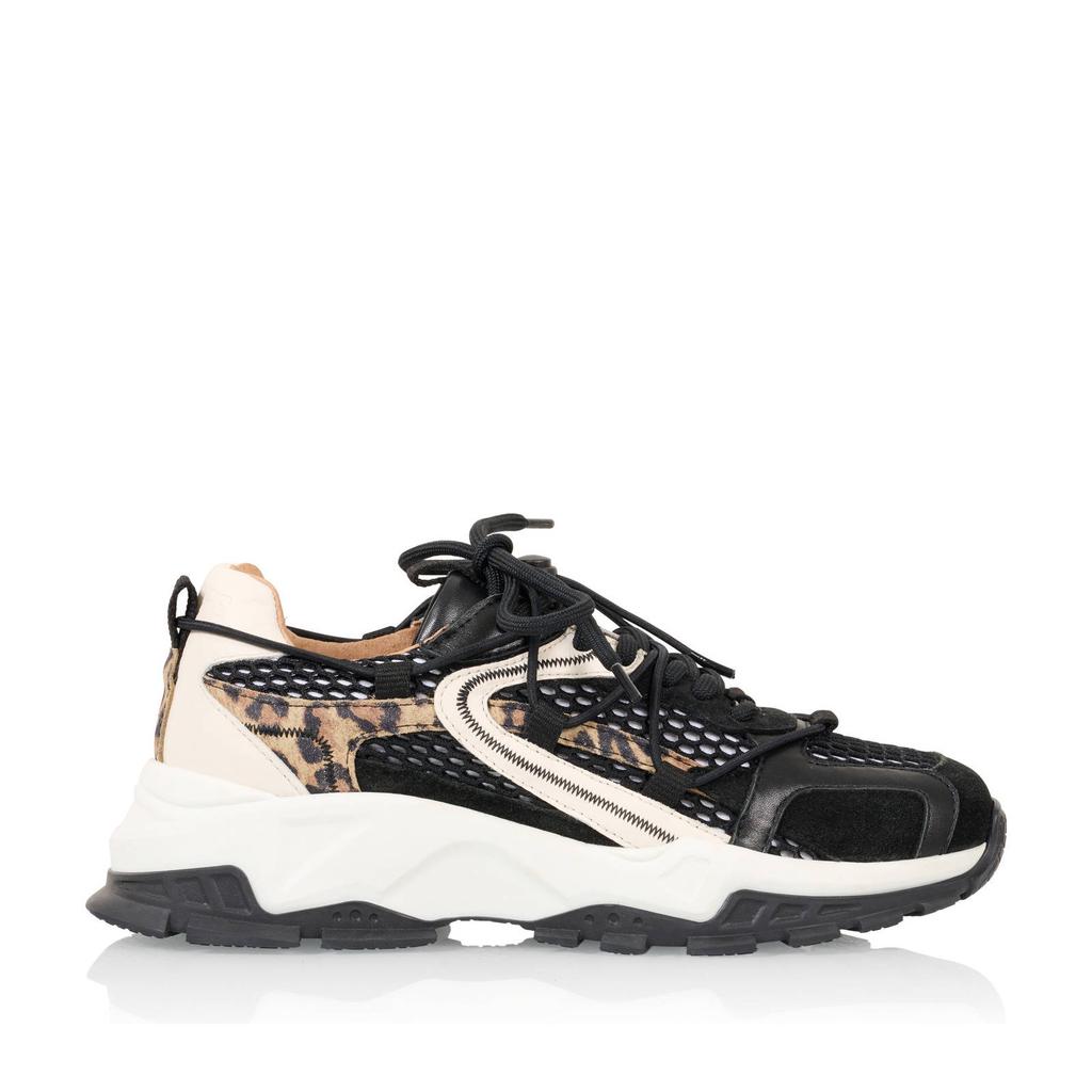 Zwarte dames DWRS Isola chunky sneakers panter van leer en textiel met veters