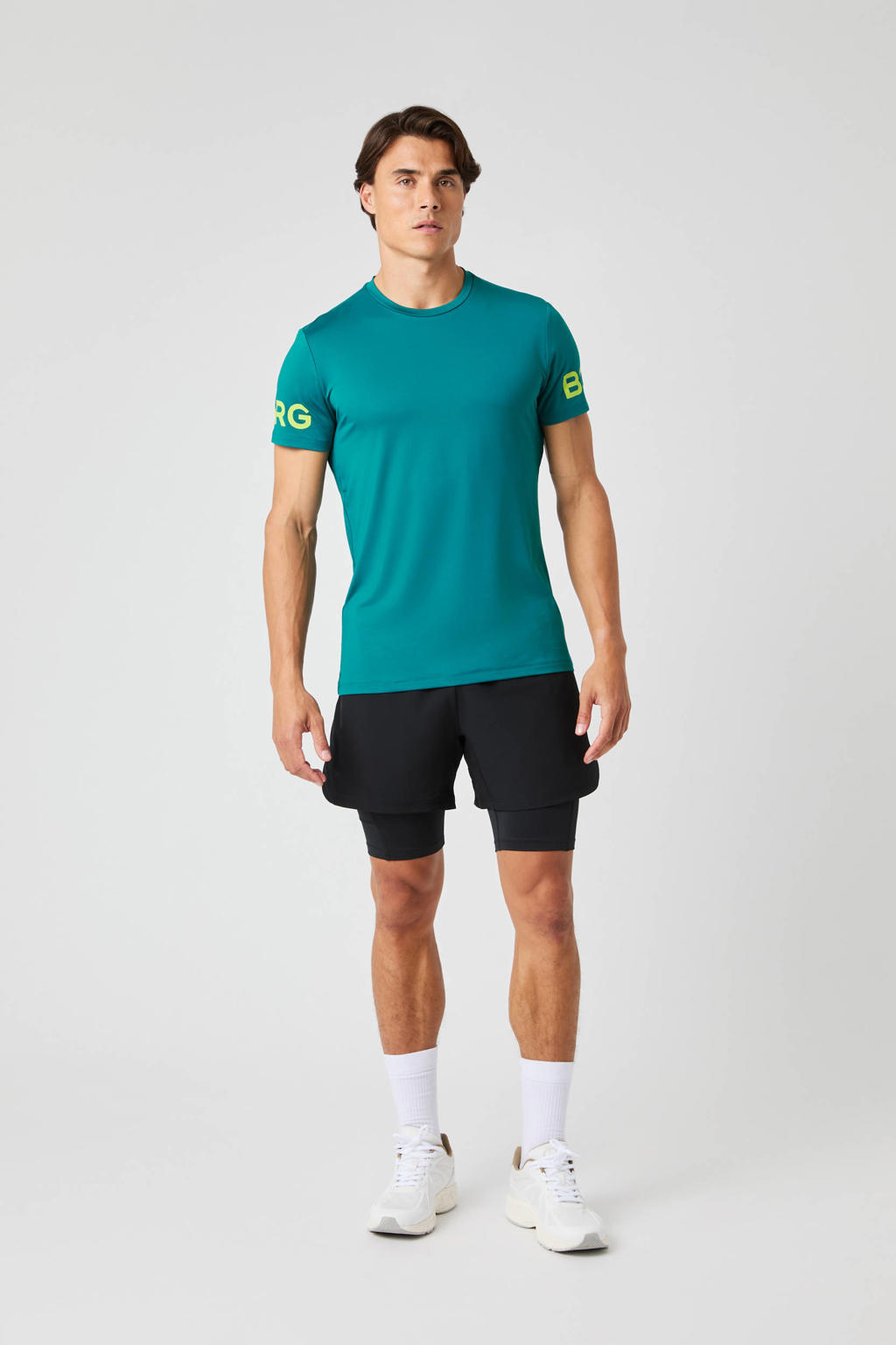 Groene heren Björn Borg sportshirt Borg van polyester met logo dessin, korte mouwen en ronde hals