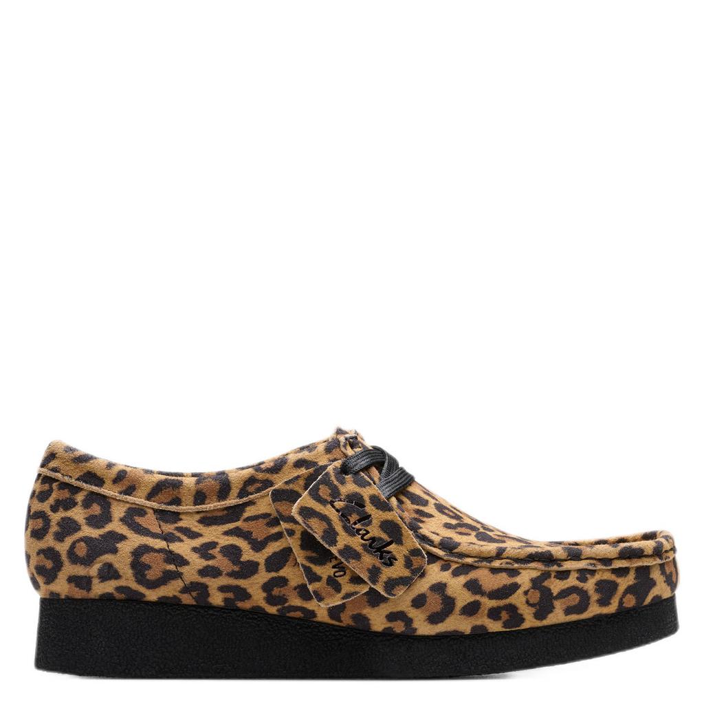 Cognackleurige dames Clarks Wallabee evo suède bootschoenen met veters en panterprint
