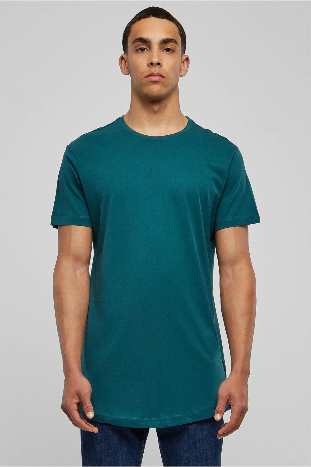 Petrolkleurige heren Urban Classics T-shirt van katoen met effen, korte mouwen en ronde hals