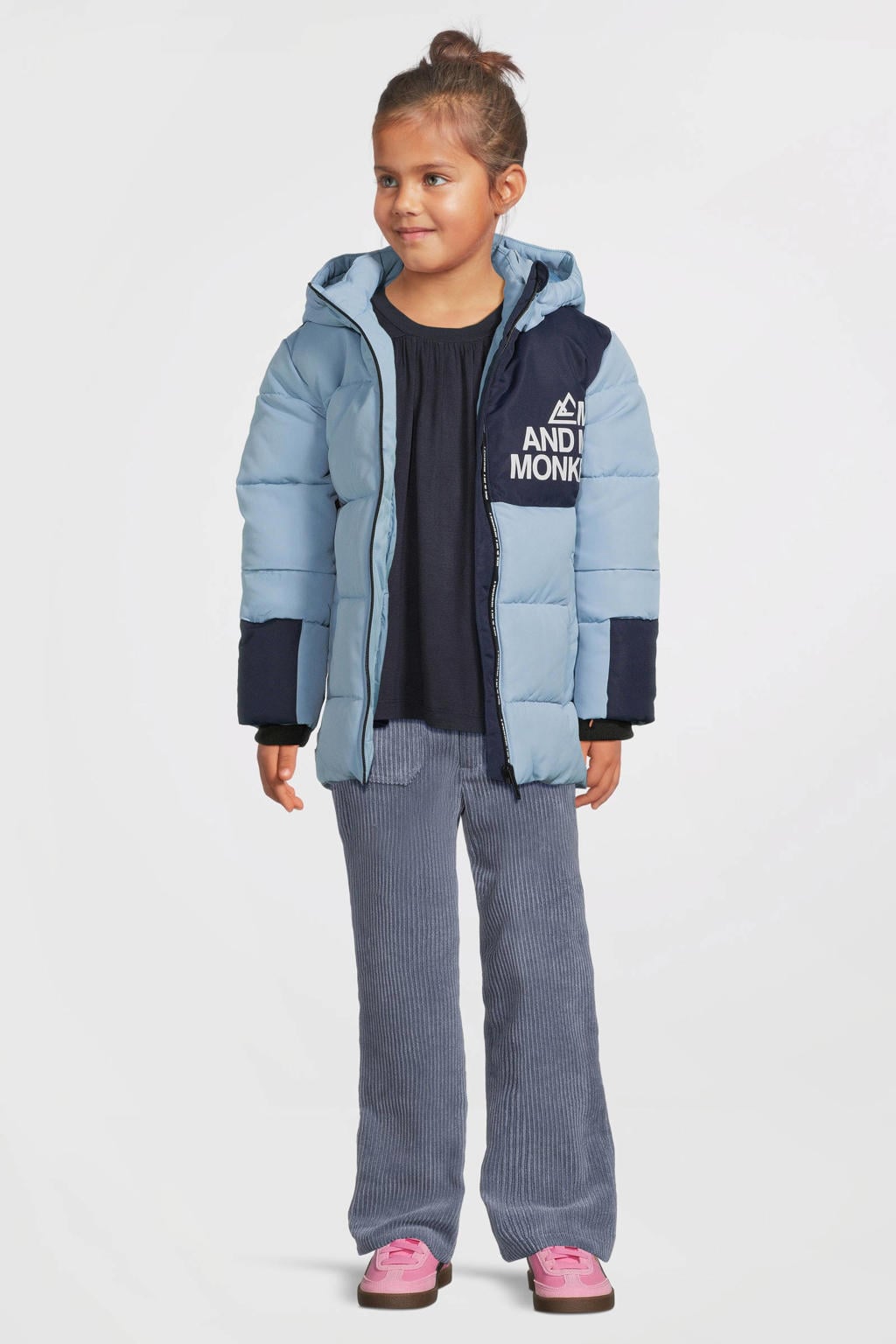 Lichtblauwe meisjes Me & My Monkey winterjas van polyester met lange mouwen, capuchon en winddichte rits
