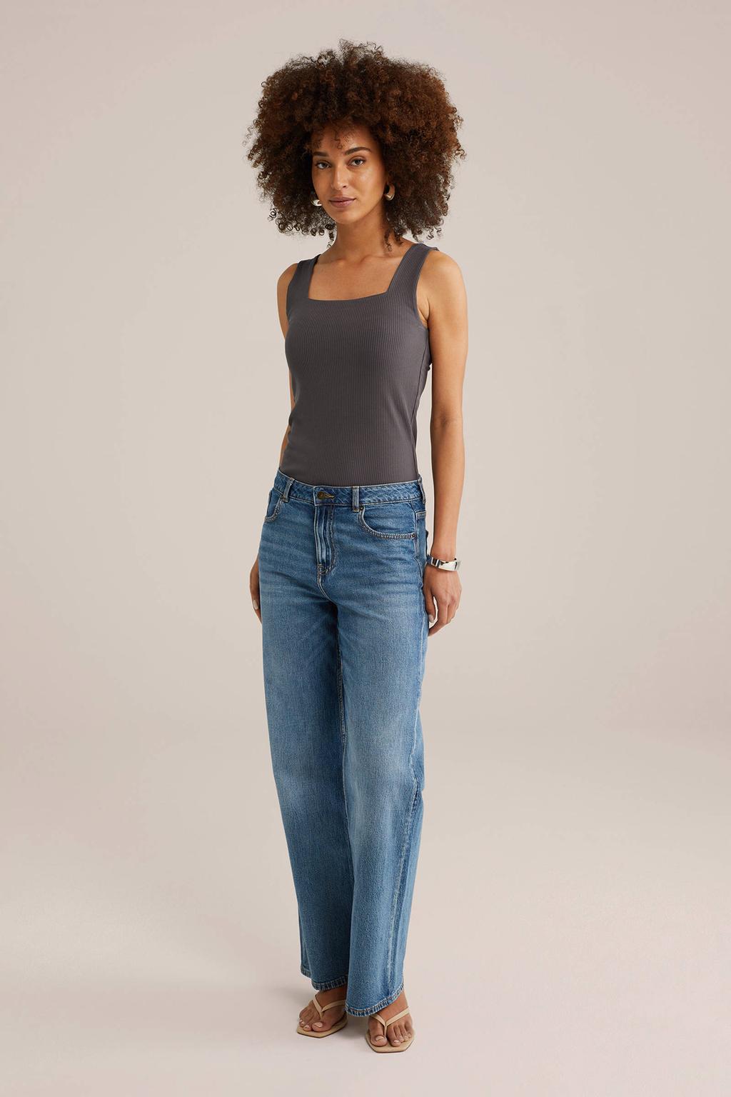 Grijze dames WE Fashion singlet rib gebreid van viscose met effen en vierkante hals