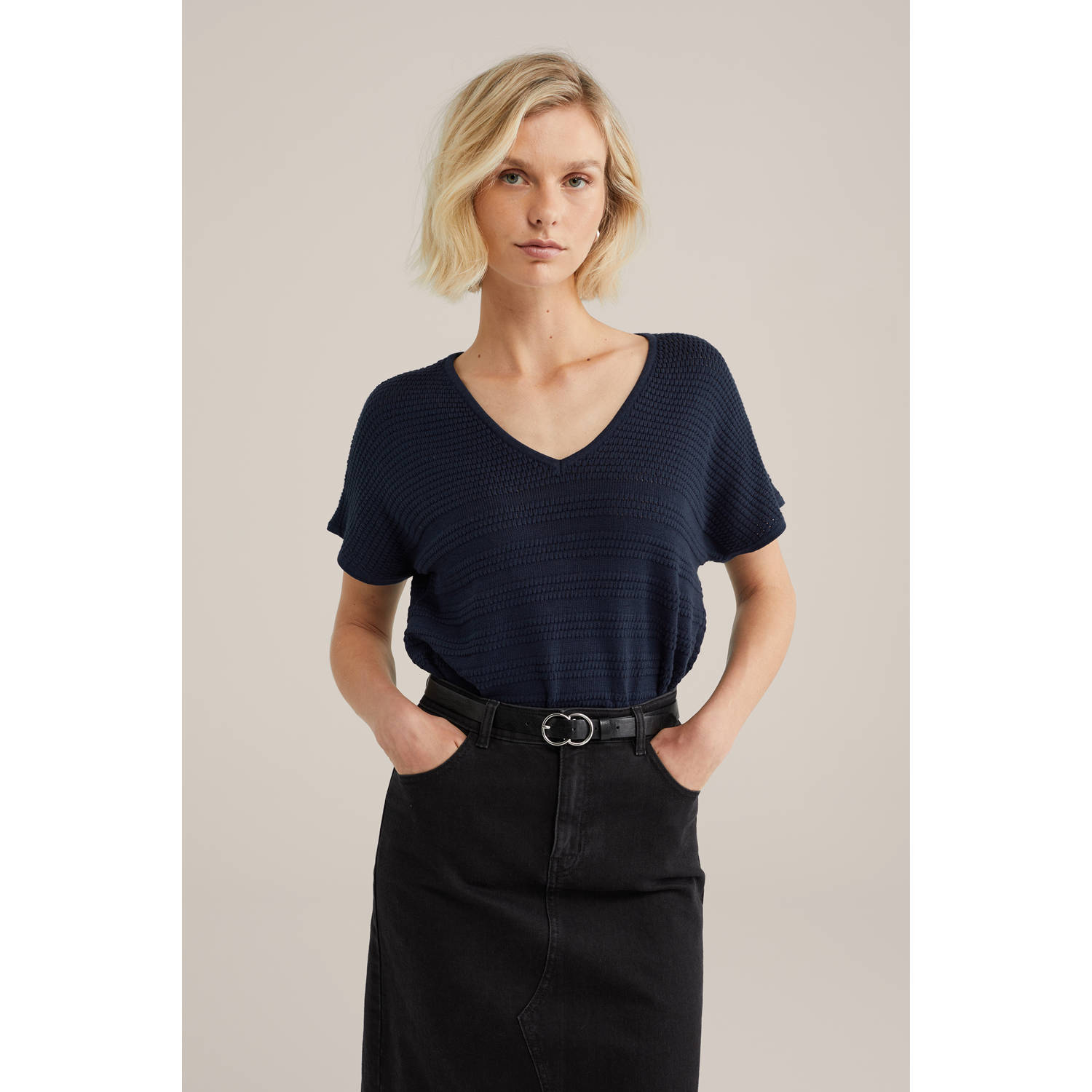 WE Fashion trui donkerblauw grof gebreid