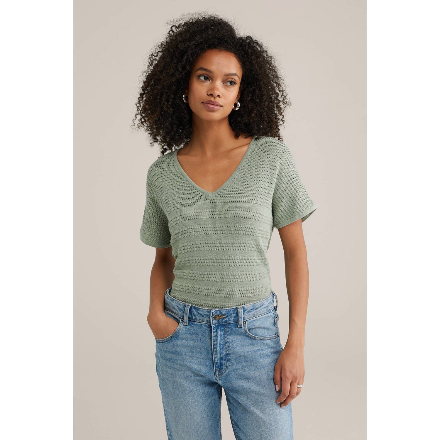 WE Fashion trui lichtkaki grof gebreid