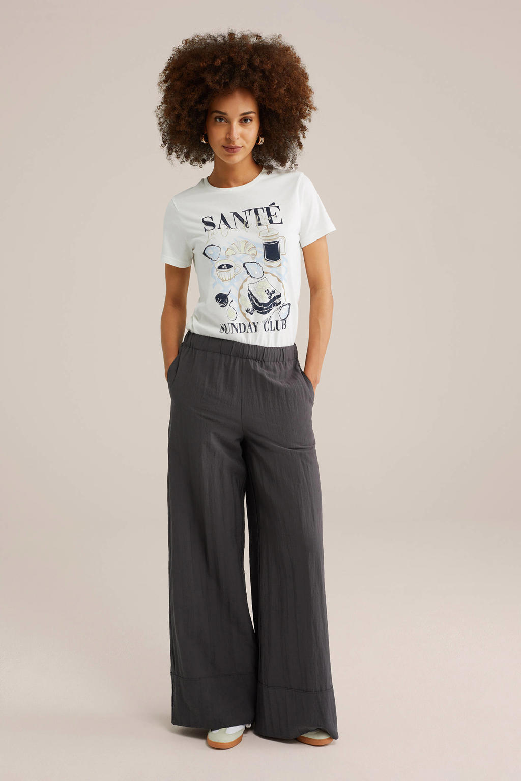 Witte dames WE Fashion T-shirt van katoen met printopdruk, korte mouwen en ronde hals