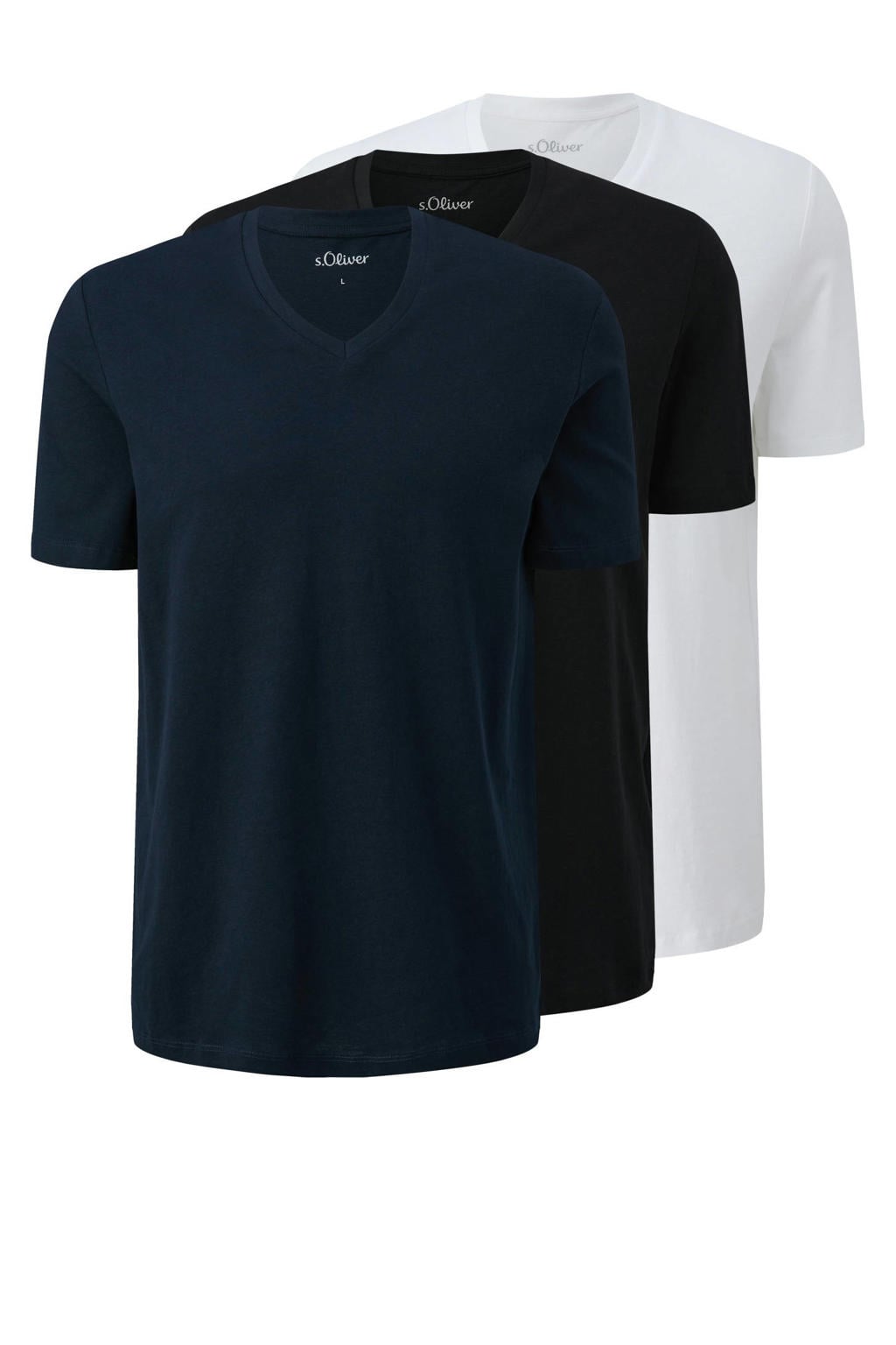 Donkerblauw, zwart en witte heren s.Oliver regular T-shirt van katoen met effen, korte mouwen en V-hals