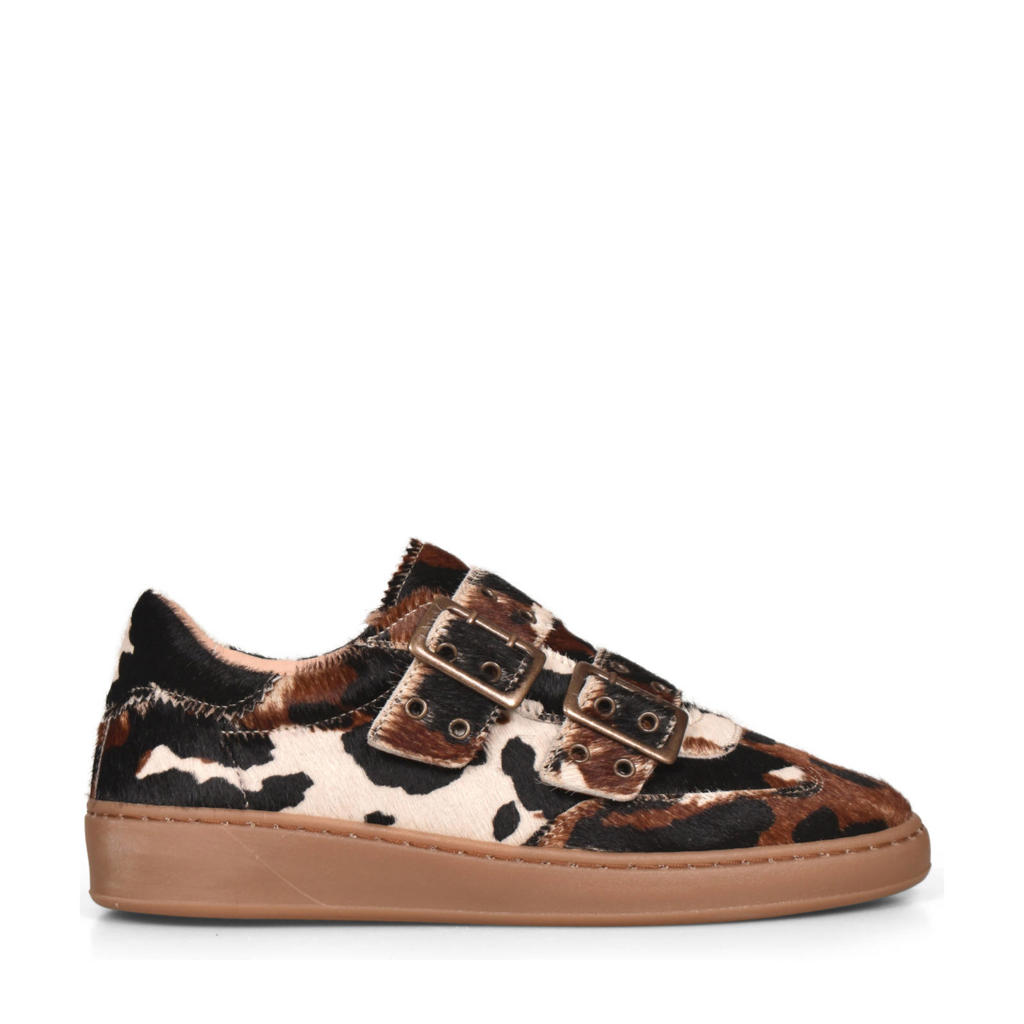 Zwart, ecru en bruine dames Cycleur de Luxe Jawn B leren sneakers met ponyhair en met gesp