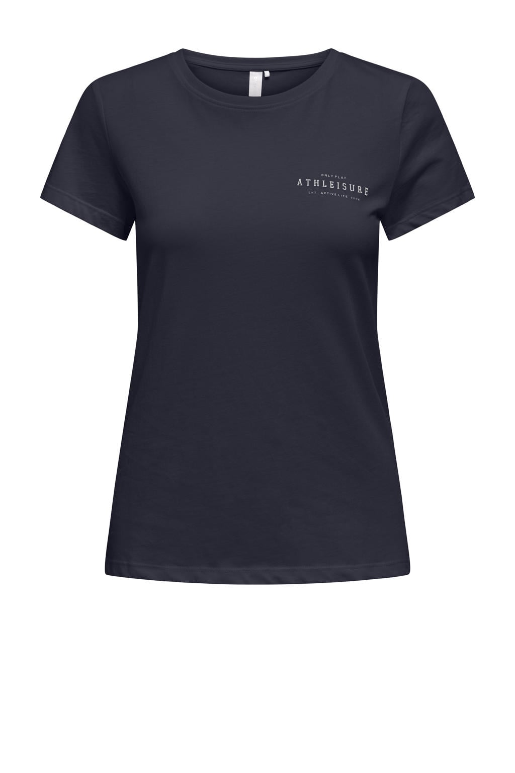 Blauwe dames ONLY PLAY sportshirt van katoen met printopdruk, korte mouwen en ronde hals