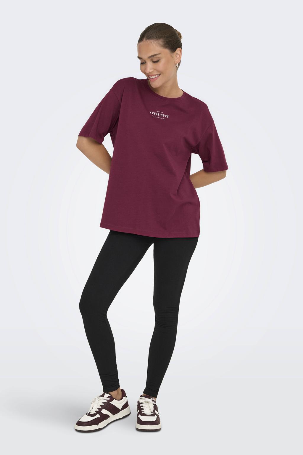 Donkerrode dames ONLY PLAY T-shirt van katoen met korte mouwen en ronde hals