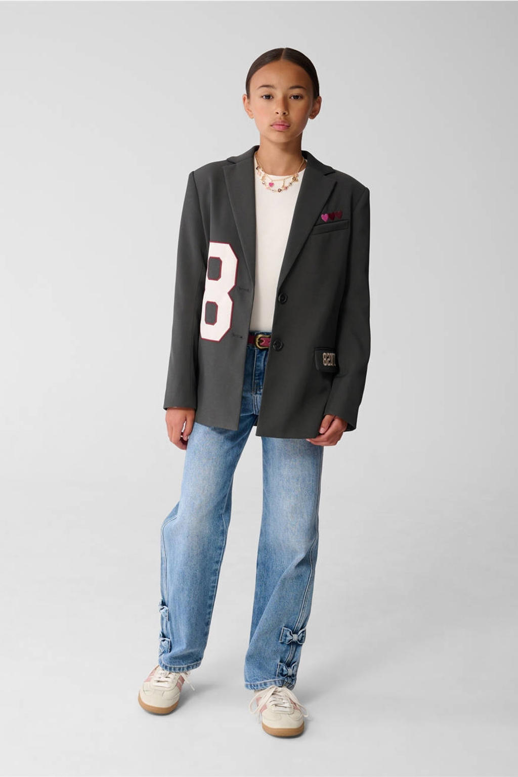 Antraciete meisjes Shoeby regular fit blazer van polyester met lange mouwen, reverskraag en borduursels