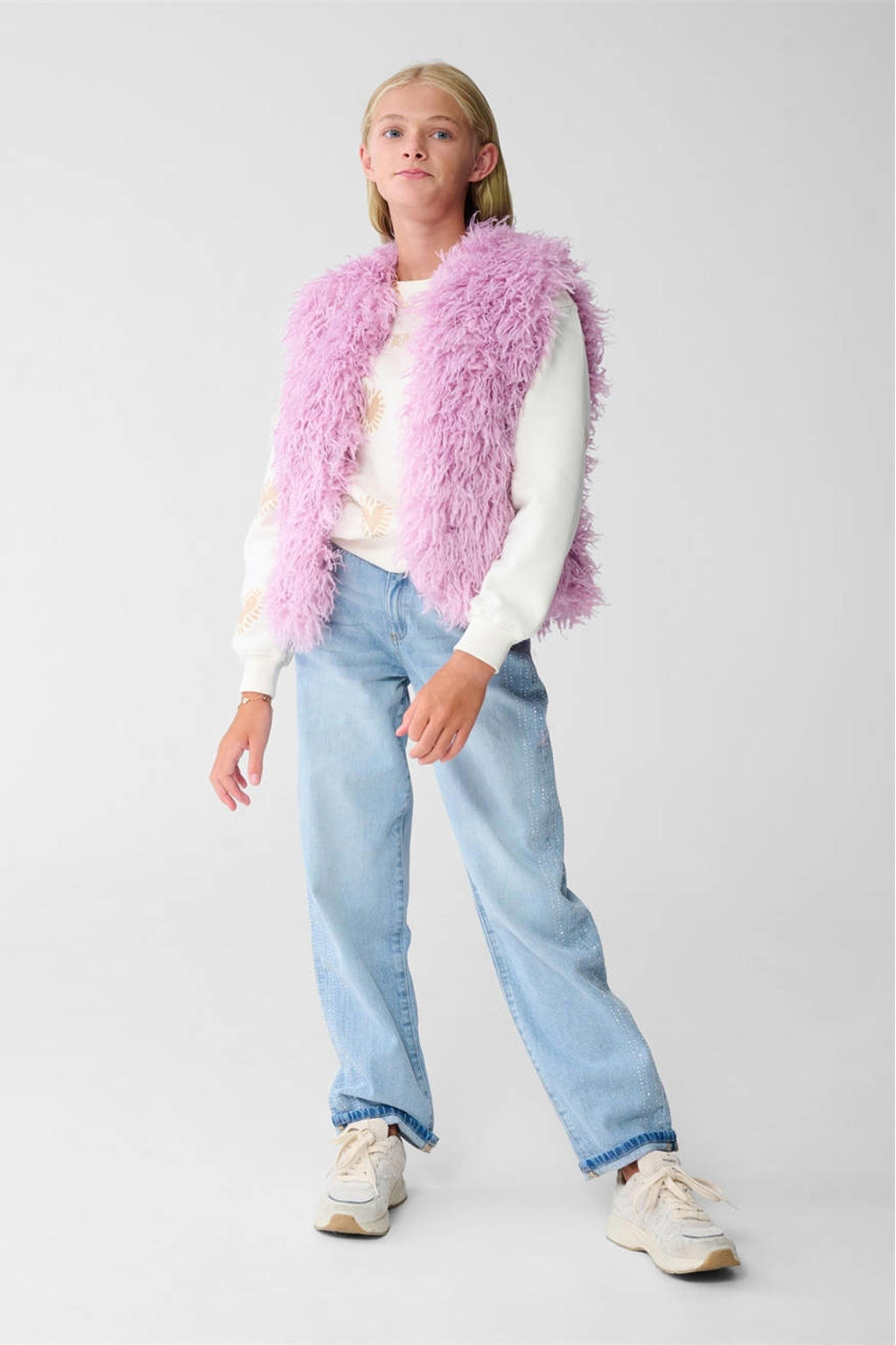 Roze meisjes Shoeby gilet van imitatiebont met effen en ronde hals