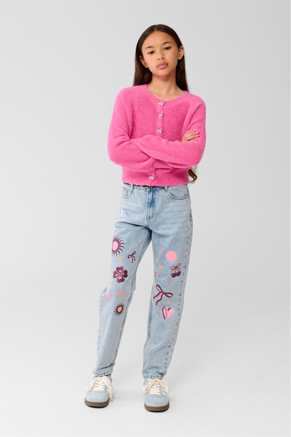 Roze meisjes Shoeby vest fijn gebreid van polyamide met effen, lange mouwen, ronde hals en knoopsluiting