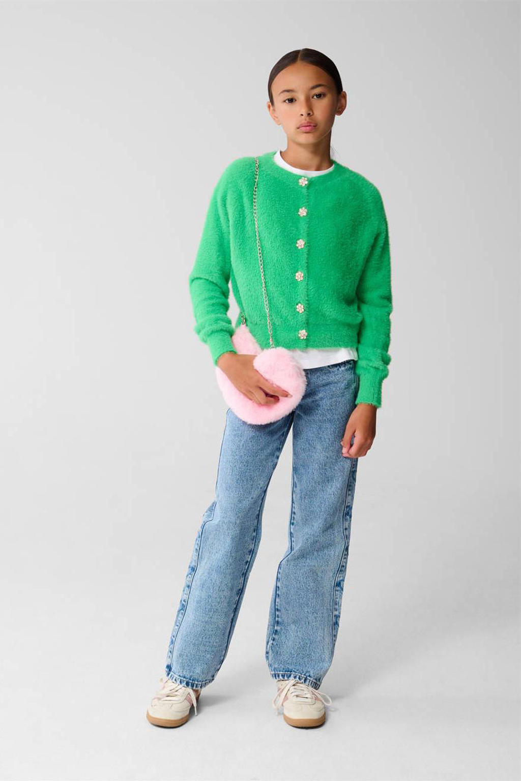 Groene meisjes Shoeby cardigan gebreid van polyamide met effen, lange mouwen, ronde hals en knoopsluiting