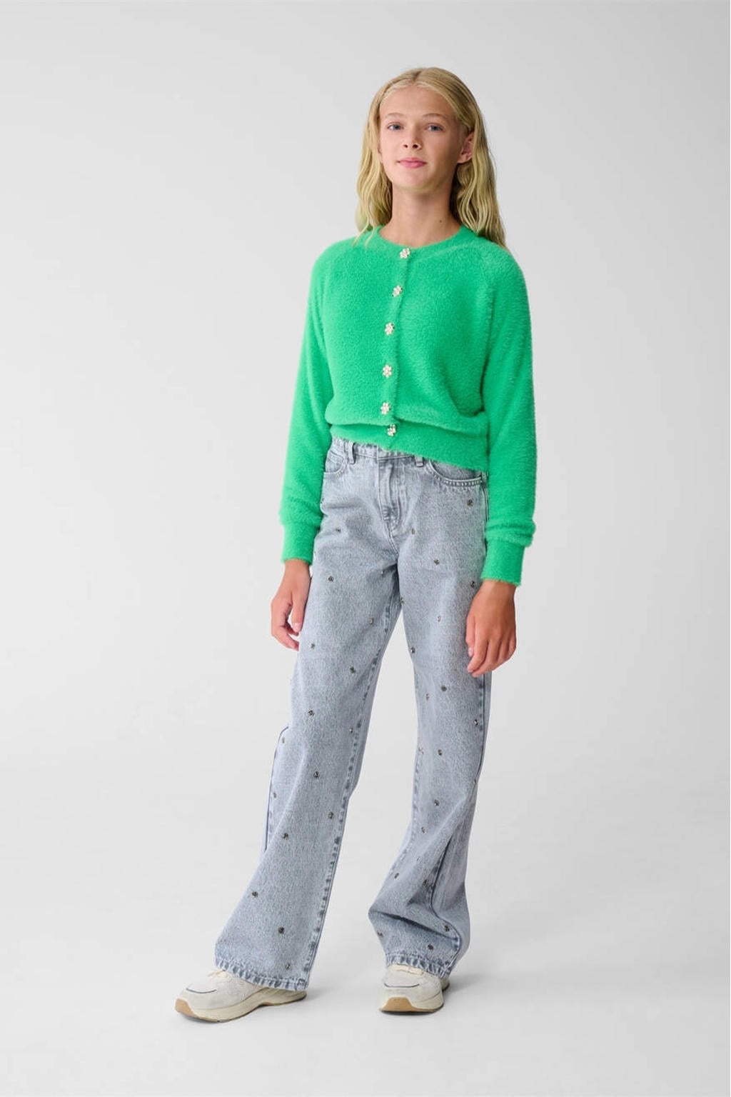 Grijze meisjes Shoeby high waist straight leg jeans van katoen met rits- en knoopsluiting