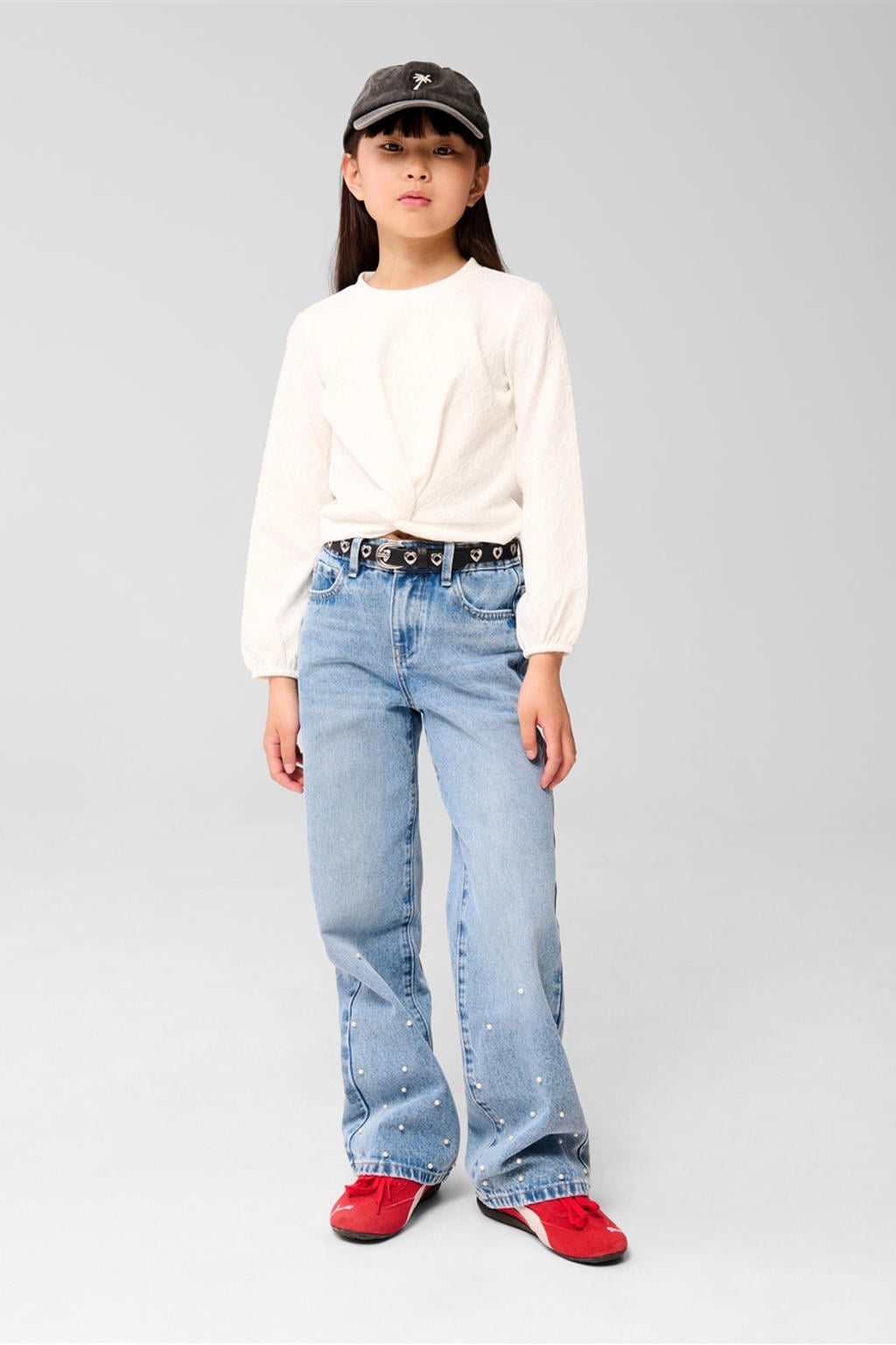 Blauwe meisjes Shoeby high waist straight leg jeans van katoen met rits- en knoopsluiting en effen